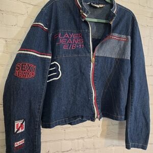 90s Y2k Erica Brook Player Sexy Jeans Moto Style Denim Jacke Embroidered Patches